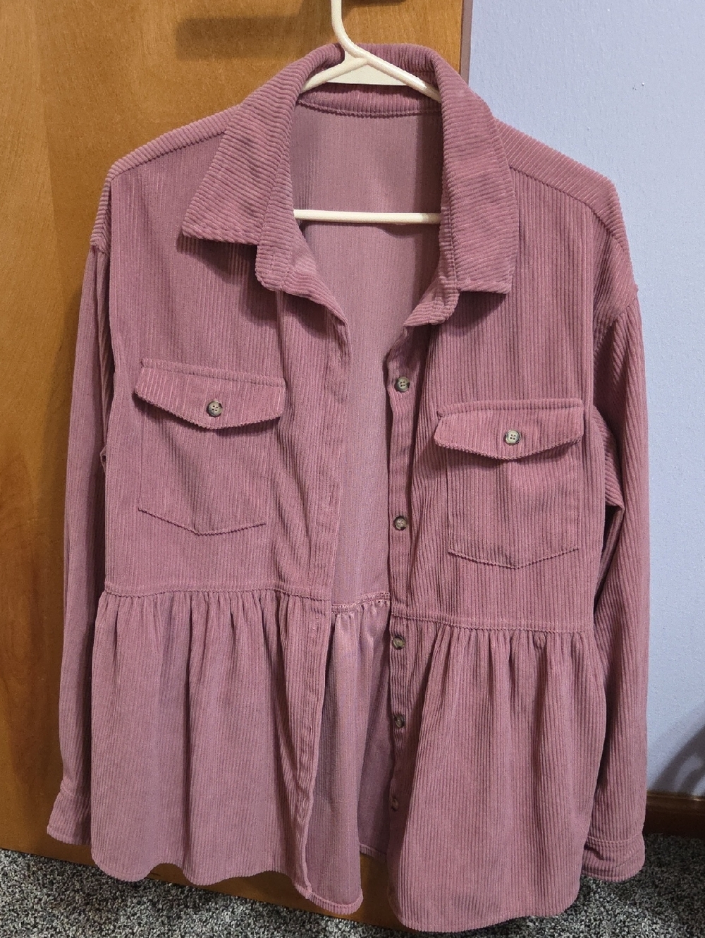 Mauve Corduroy Button-Front Peplum Babydoll Shacket